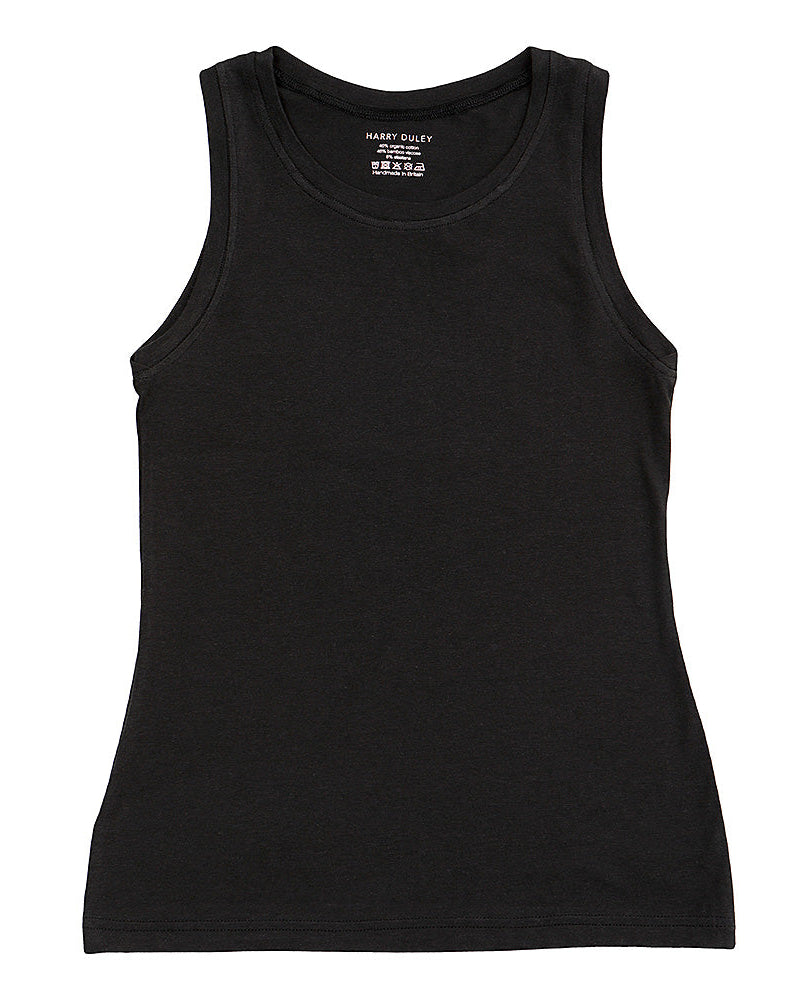 A black fitted tank top made from organic cotton, bamboo, and elastane blend fabrics.