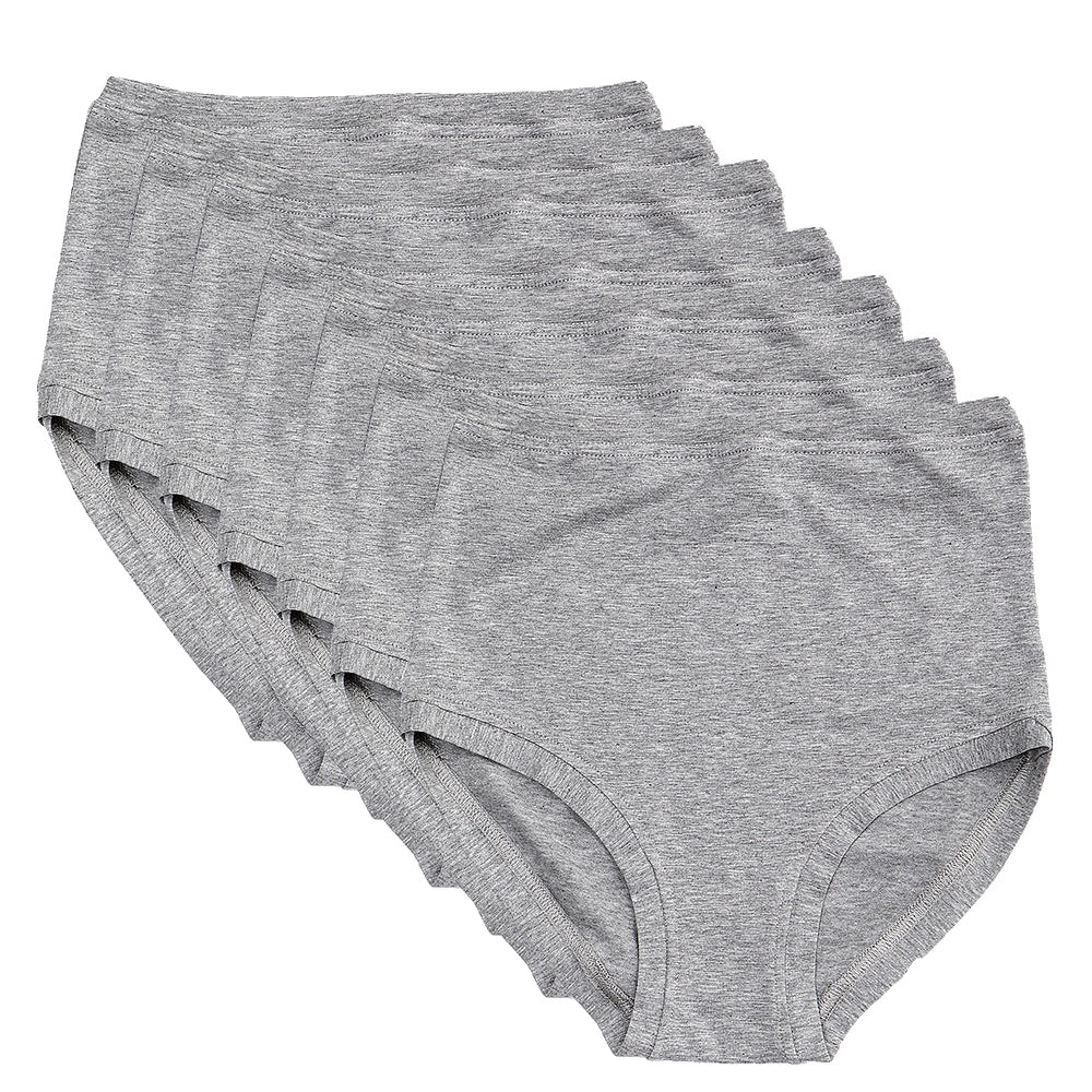 A pack of 7 high-rise marl grey pants laid out in a row.