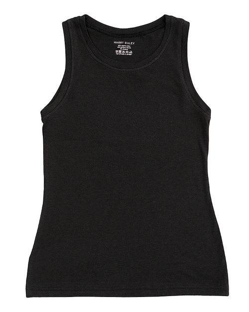 A black fitted tank top made from organic cotton, bamboo, and elastane blend fabrics.