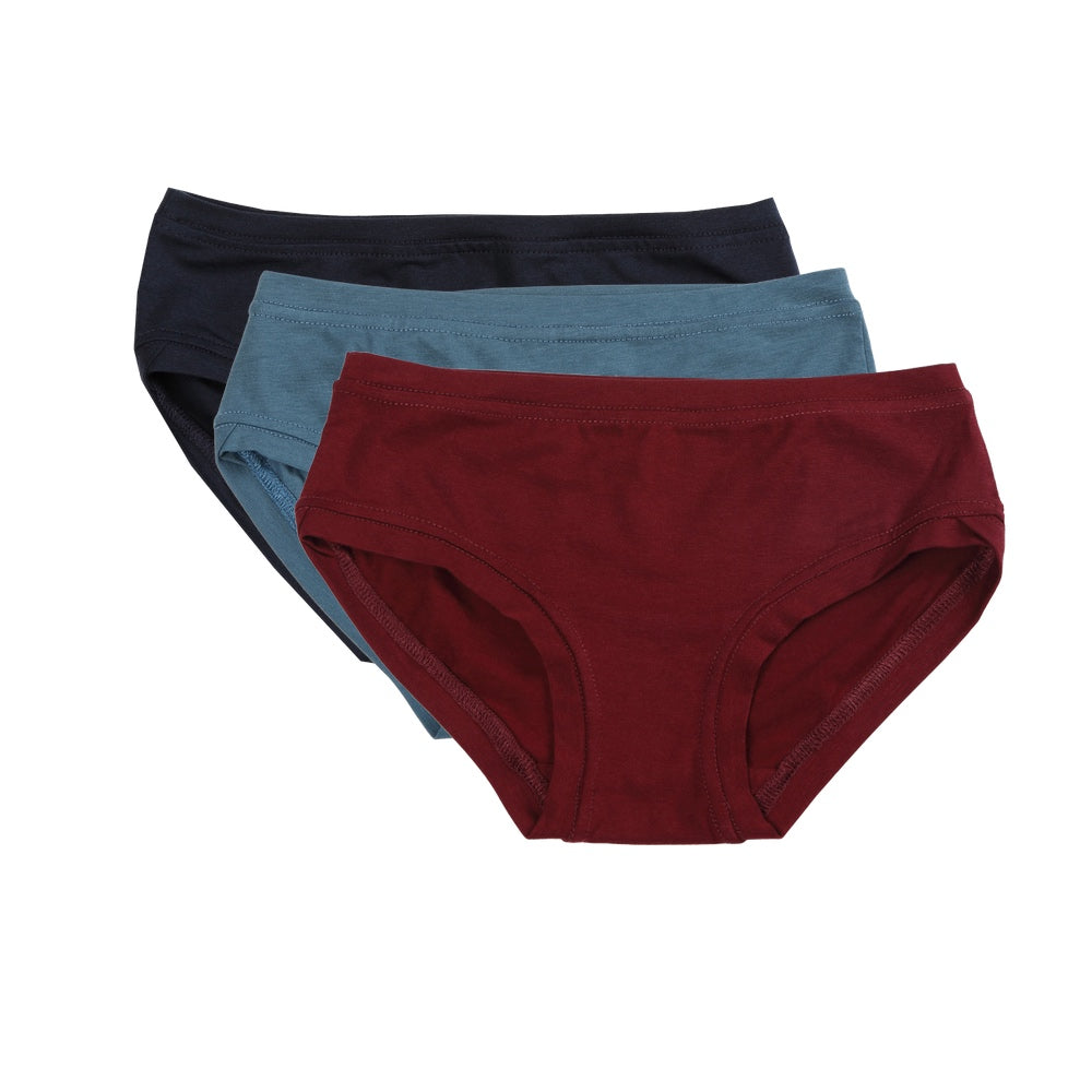 A pack of three low-rise women's underwear in midnight blue, steel blue, and bordeaux colors, made from bamboo/cotton blend fabric.