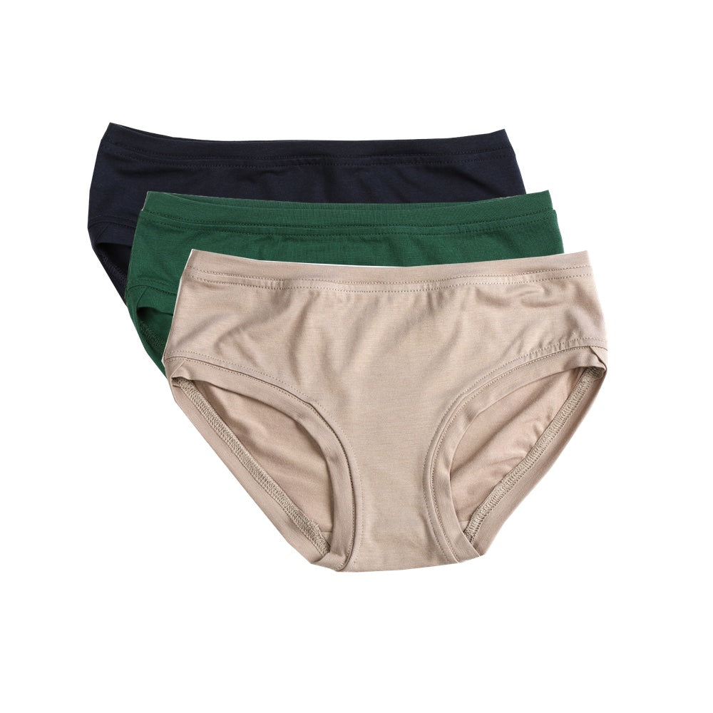 A pack of three low-rise women's underwear in black, green, and beige colors, displayed in a stacked arrangement.