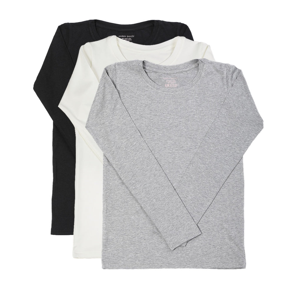 Pack of 3 Long Sleeve Layering Tees ~ Black, Natural, Marl Grey