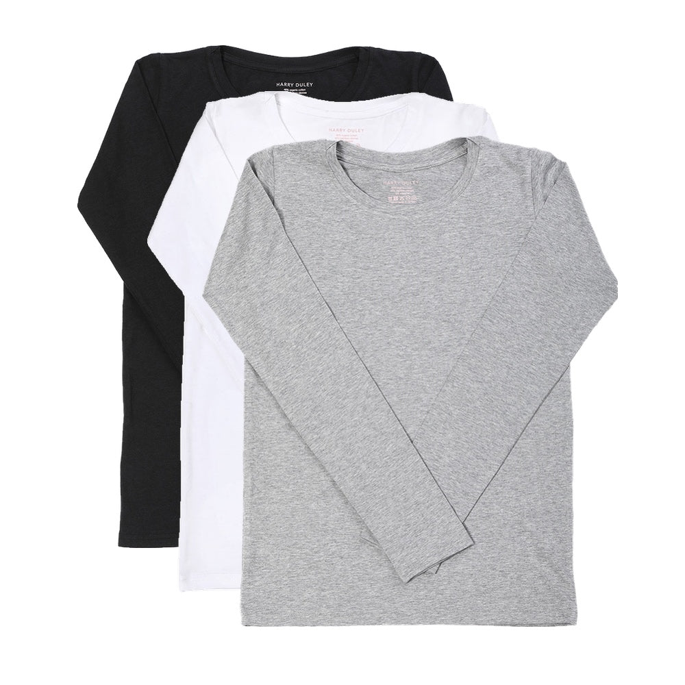 Pack of 3 Long Sleeve Layering Tees ~ Black, White, Marl Grey