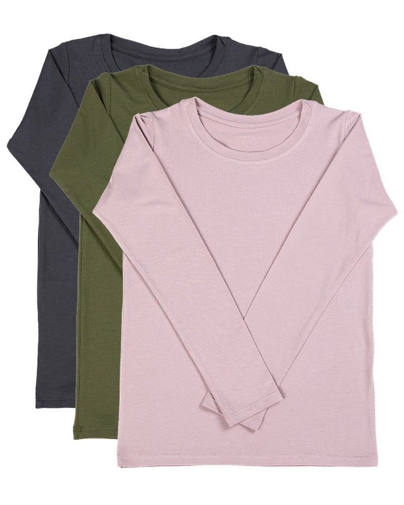 Three long-sleeve shirts in gray, green, and pink on a white background