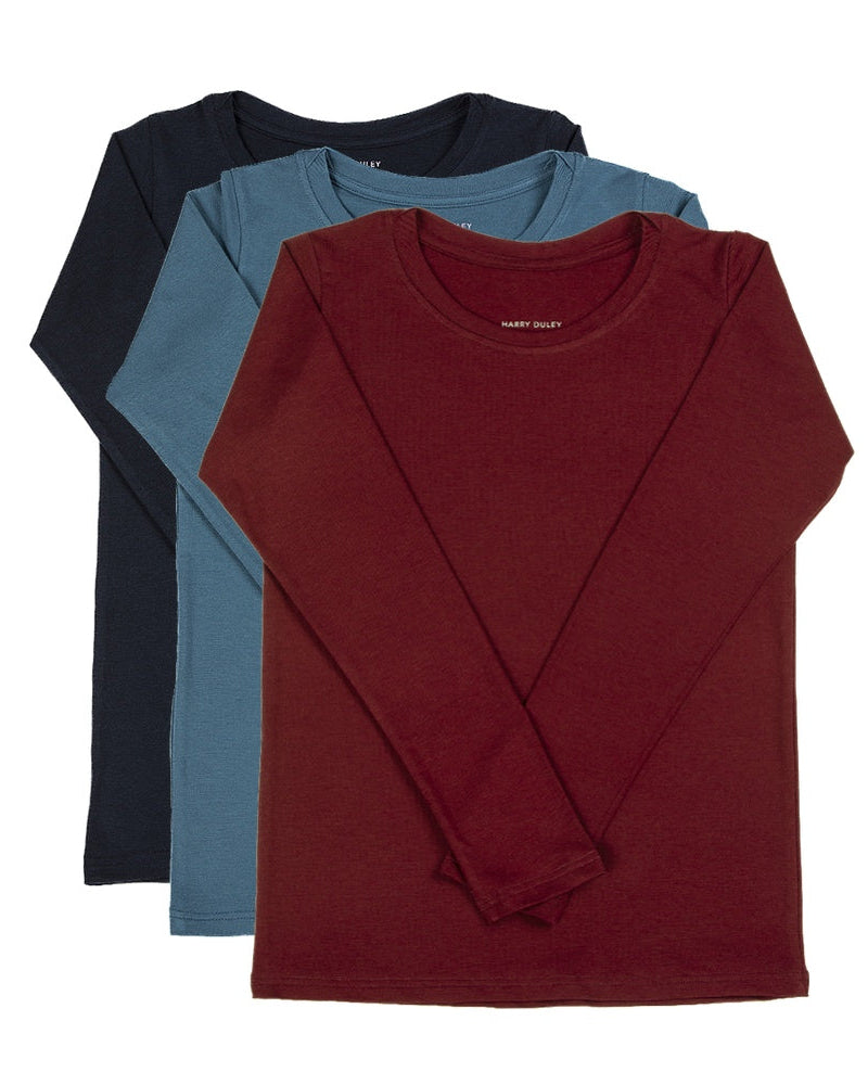 Pack of 3 Long Sleeve Layering Tees ~ Midnight, Steel Blue, Bordeaux