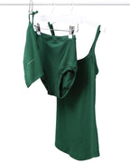 Emerald green strappy vest and pants set, displayed on hangers against a white background.